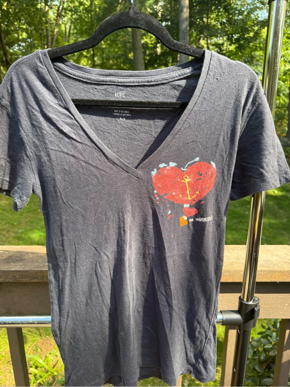 aerie Navy V-Neck Tee with Red Heart Anchor Graphic